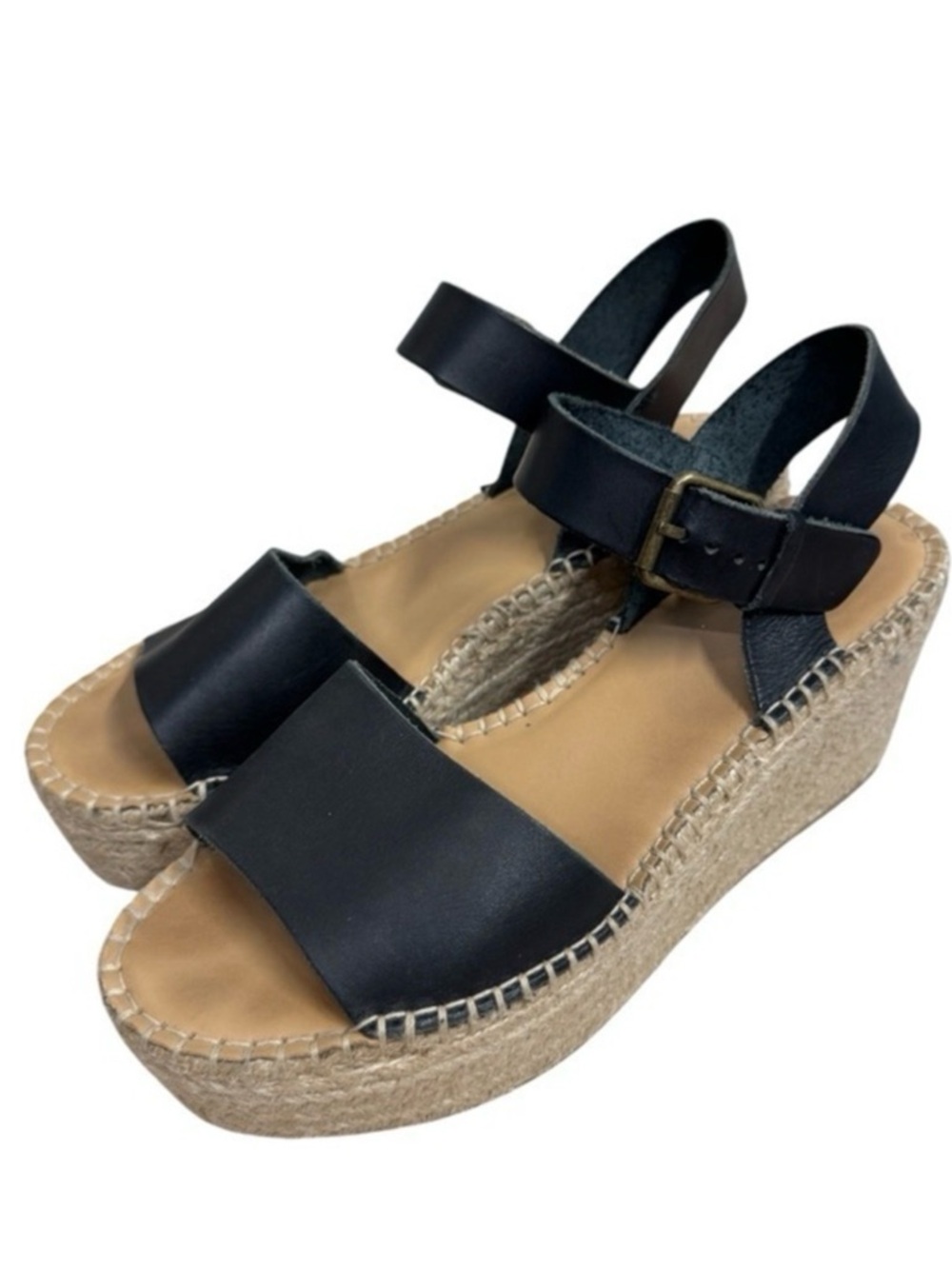 Soludos “Minorca” Wedge Espadrille Sandals Black Leather Strap Size 9.5 Summer